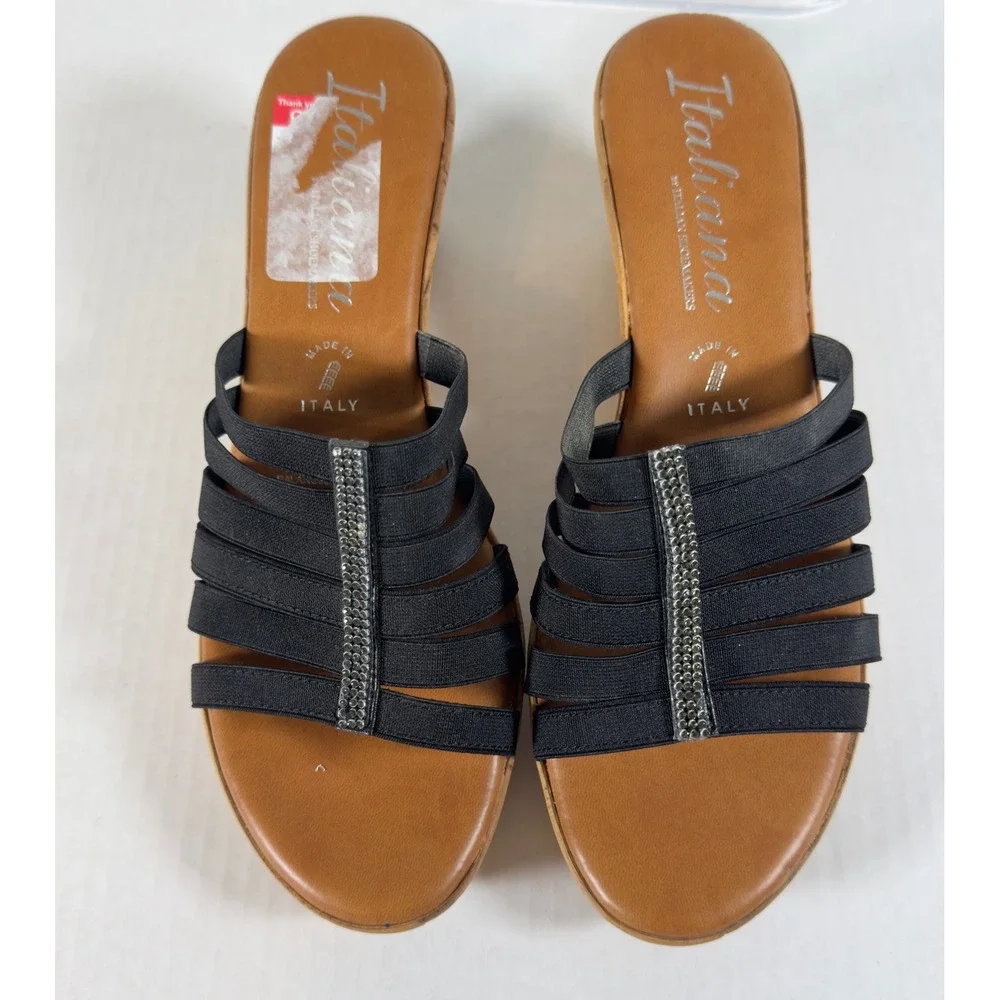 Italiana Women's Black Wedge Sandals Embellished‎ Elastic Straps Italian Made